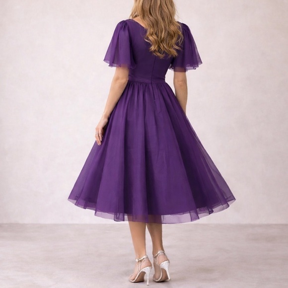 NWT JessaKae Nora Purple Midi Dress Sz XXL Sweetheart Flutter Sleeve Fit & Flare - Picture 3 of 16